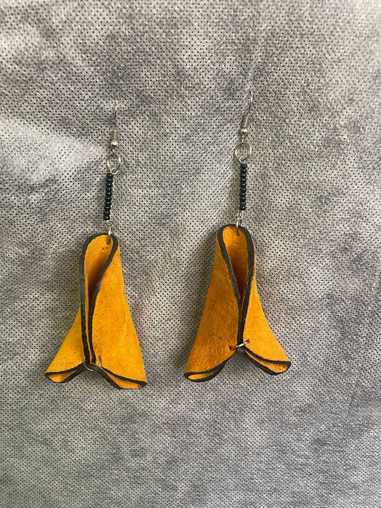 Yellow Folded Leather Earrings with Bead Detail